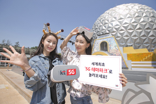 KT모델이 엔터테인먼트 플랫폼인 세계최초 5G테마파크 1단계 오픈을 홍보하고 있다. KT 제공